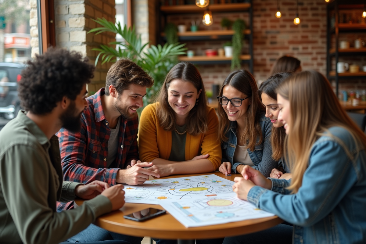 Jeunes adultes discutant autour d une carte mentale au café