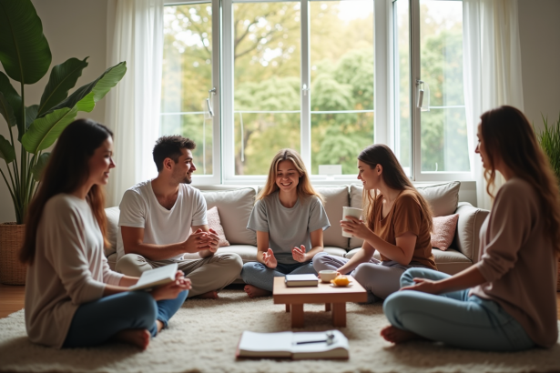 Groupe diversifié pratiquant la méditation et la lecture dans un salon lumineux
