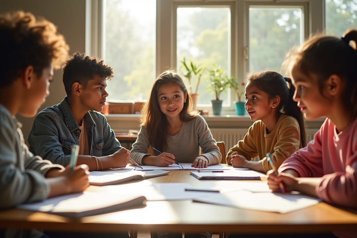 Groupe d'élèves de 8e en discussion en classe
