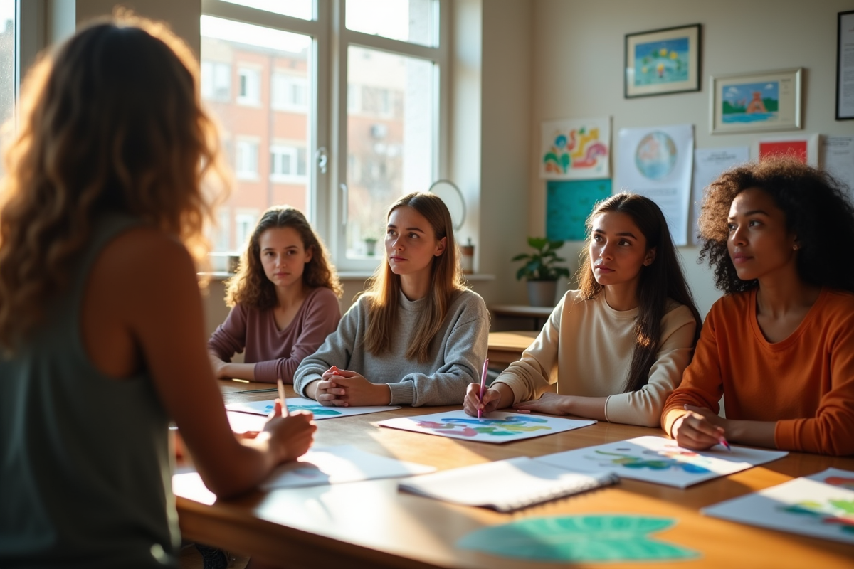 Groupe d'étudiants écoutant un thérapeute en art dans une salle lumineuse