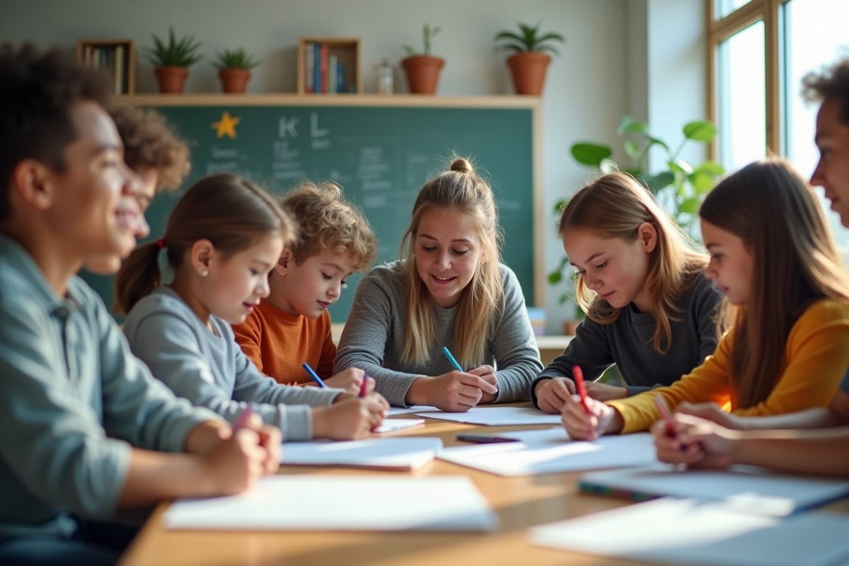 Groupe d'étudiants et professeur en classe moderne