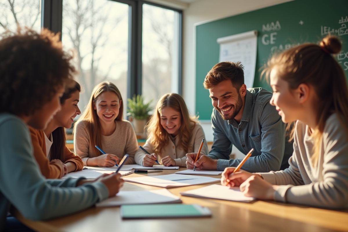 Groupe d'étudiants souriants collaborant en classe lumineuse