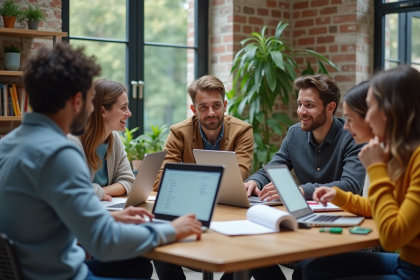 Groupe de jeunes adultes en formation en ligne dans un espace moderne