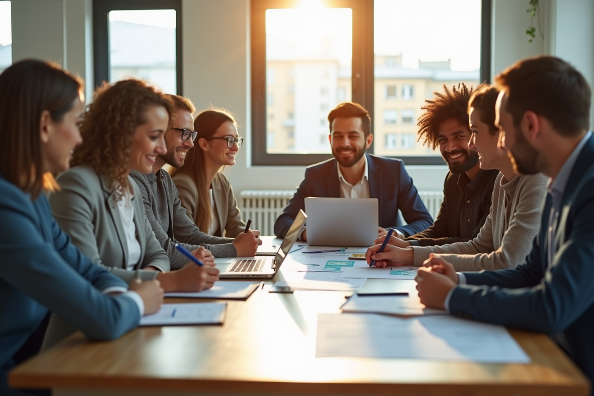 Groupe de professionnels collaborant dans un bureau lumineux