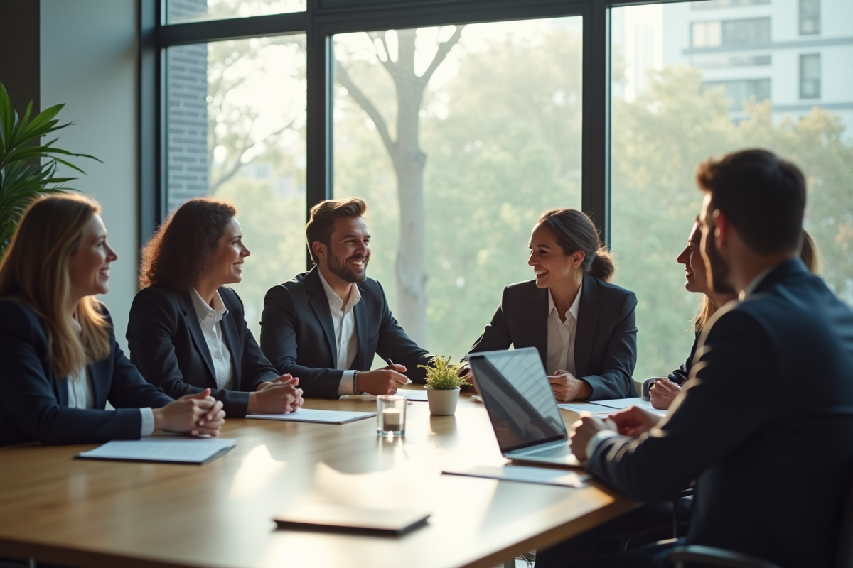Groupe de professionnels en réunion dans un bureau lumineux
