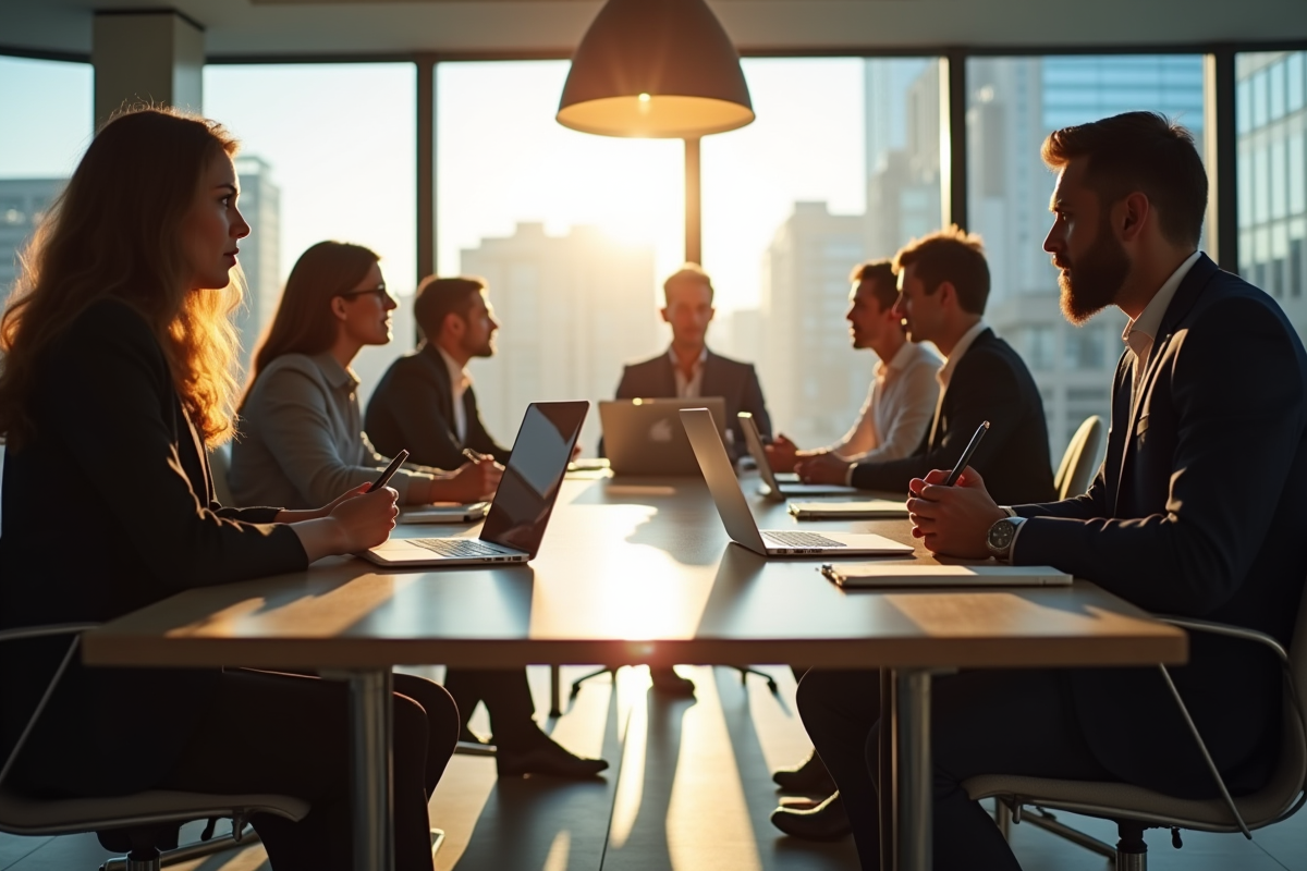 Groupe de professionnels en réunion dans une salle lumineuse