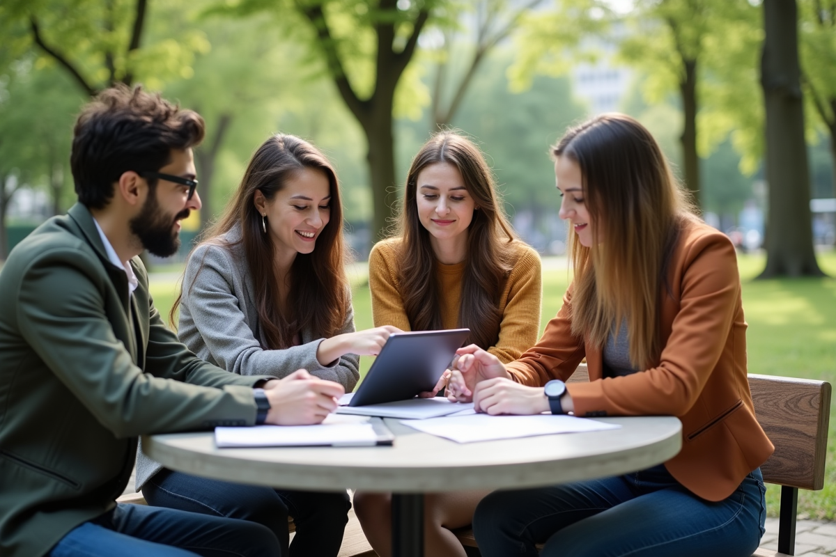 Groupe de jeunes professionnels discutant en extérieur dans un parc