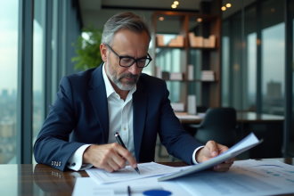 Homme d'affaires analysant un bilan dans un bureau moderne