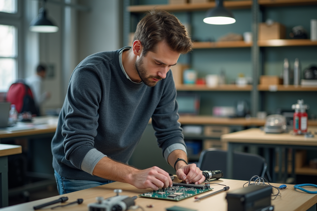 Homme en formation technique dans un atelier professionnel