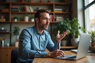 Homme en bureau moderne en pleine conversation