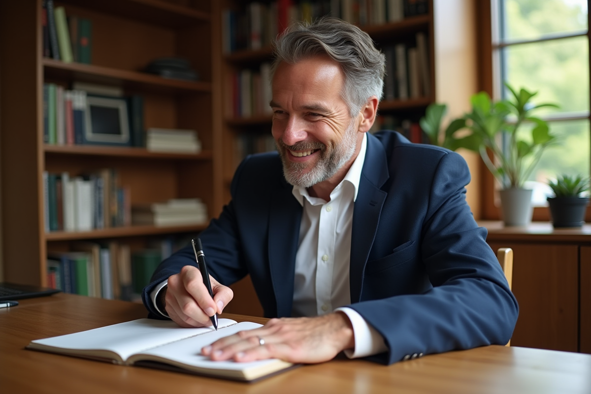 Homme en blazer écrivant dans un journal dans un bureau lumineux