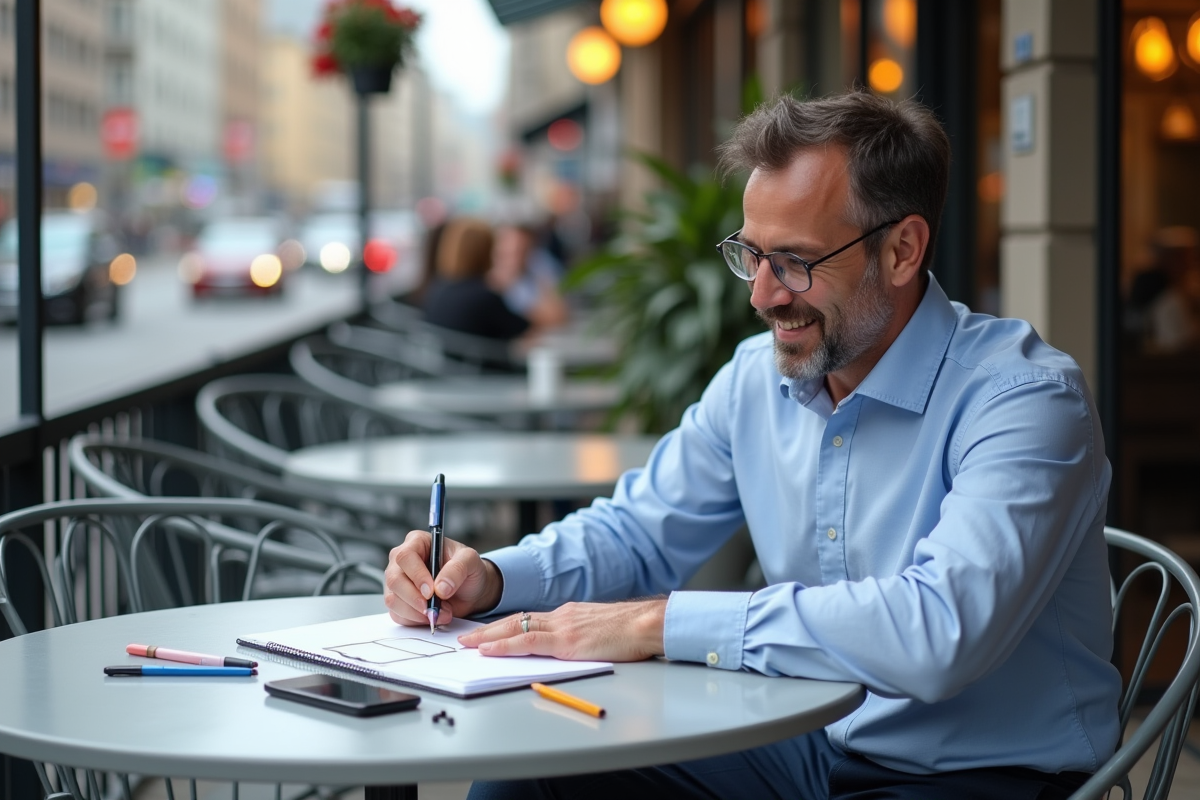Homme esquissant un plan dans un café animé en ville