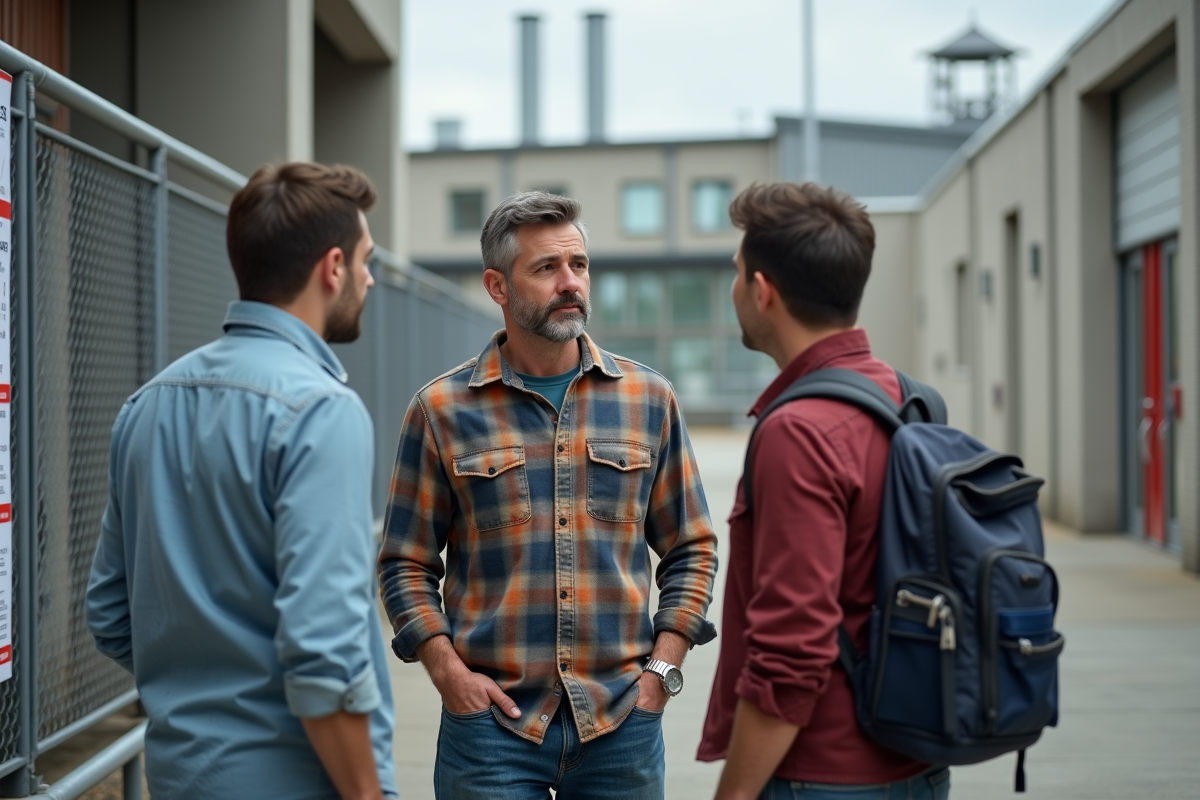 Homme en extérieur parle avec deux adultes sur la formation