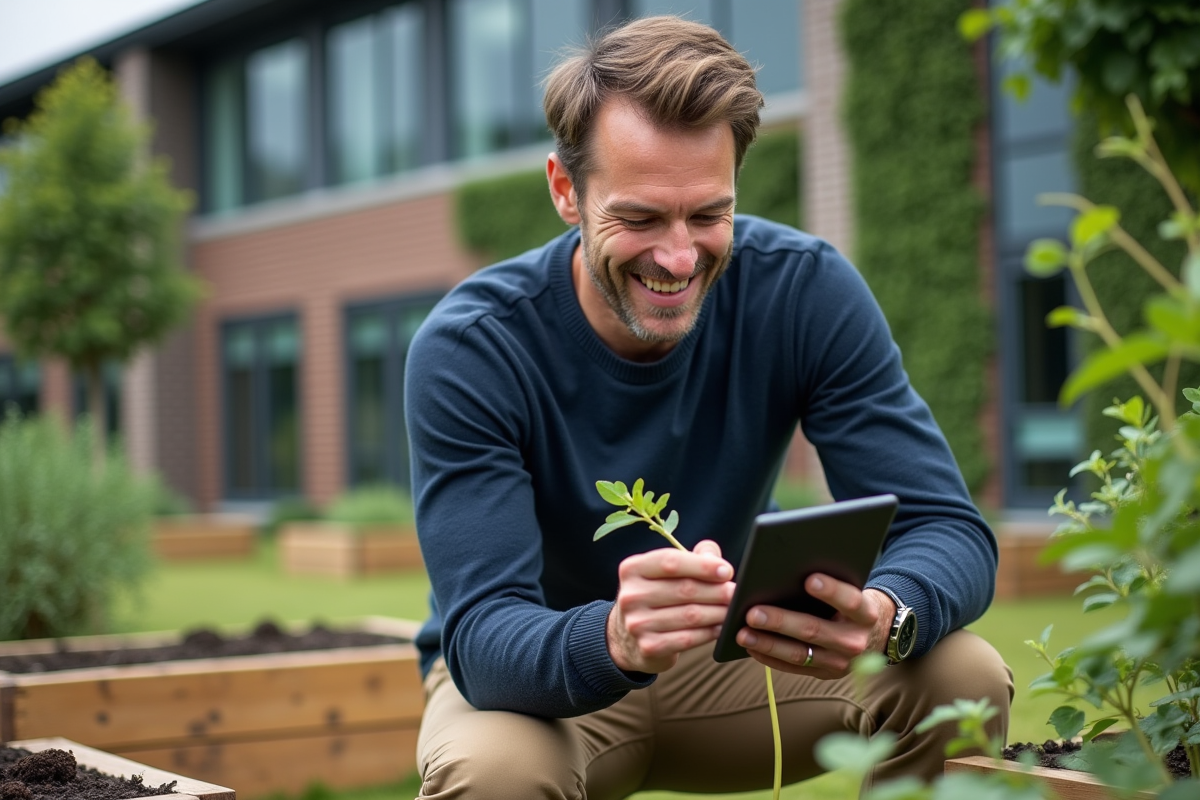 Homme dans un jardin communautaire avec tablette