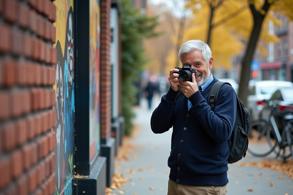 Homme photographiant une fresque urbaine dans la rue