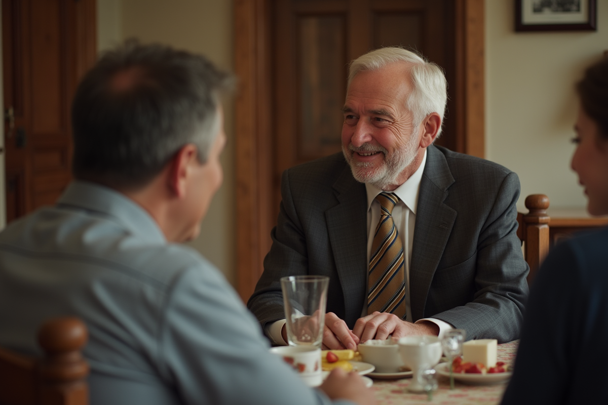 Homme d age en famille dans une salle à manger