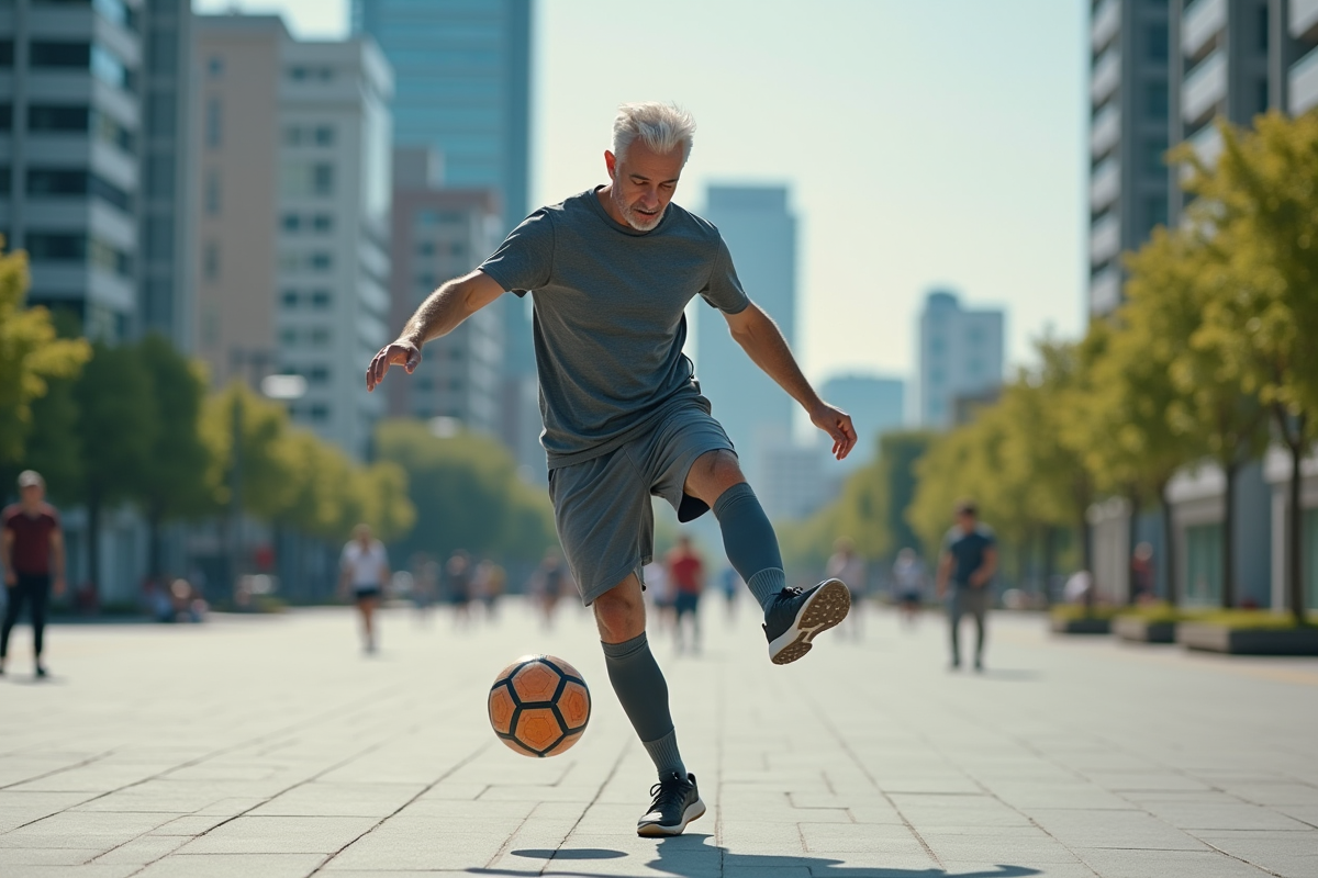 Homme en sport réalisant un trick de football en ville