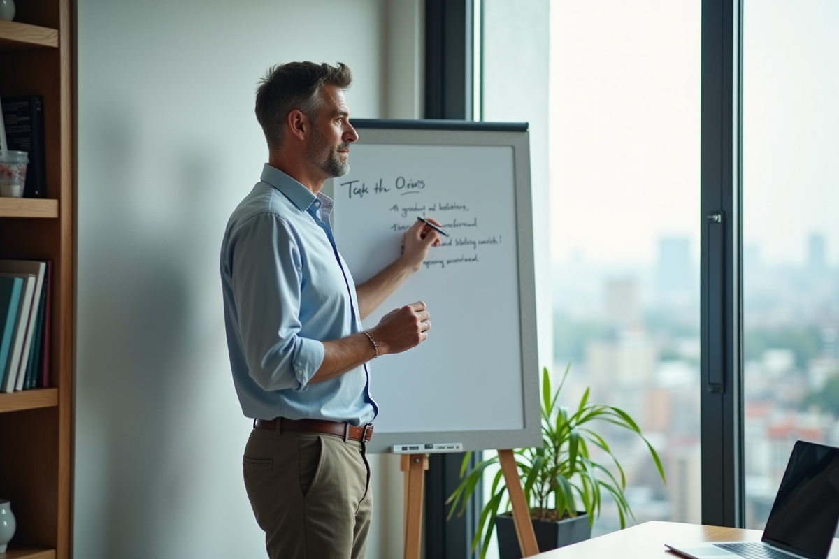 Homme écrivant sur un tableau blanc dans un bureau à domicile