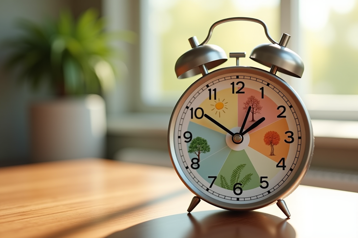 Horloge divisée en quatre sections avec symboles saisonniers