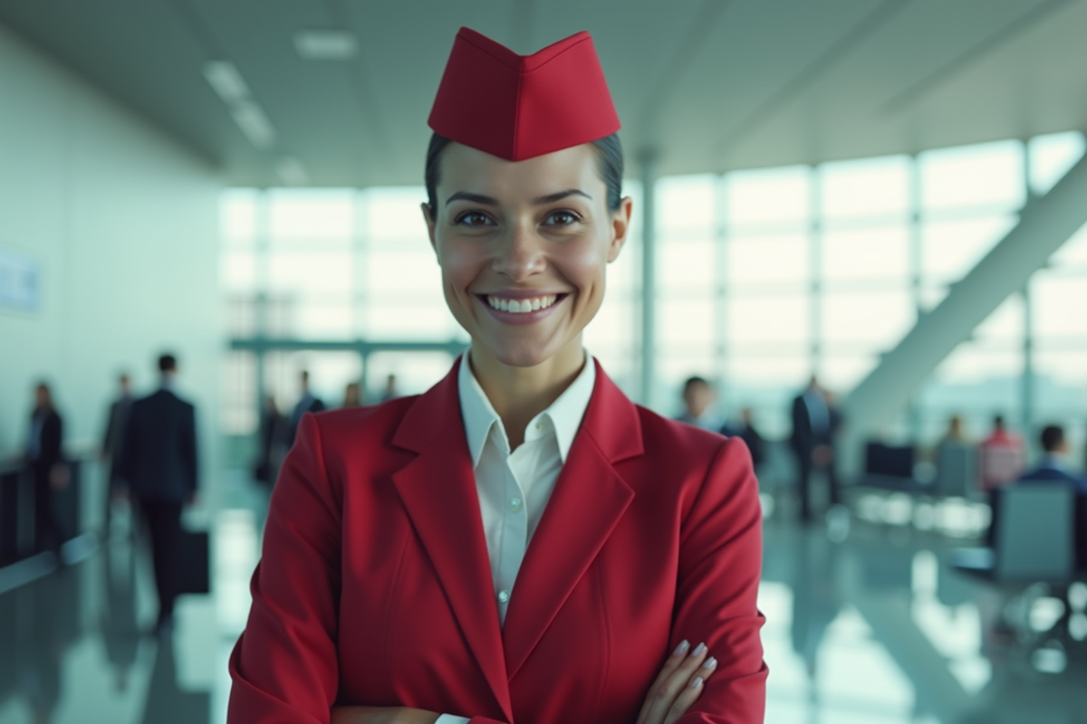 Hôtesse de l'air souriante dans un aéroport moderne