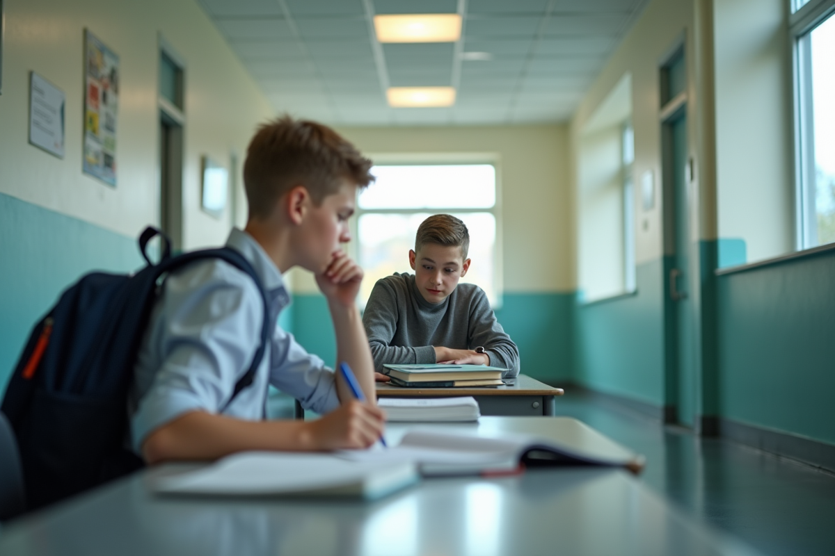 Jeune adolescent seul dans un couloir scolaire pensif
