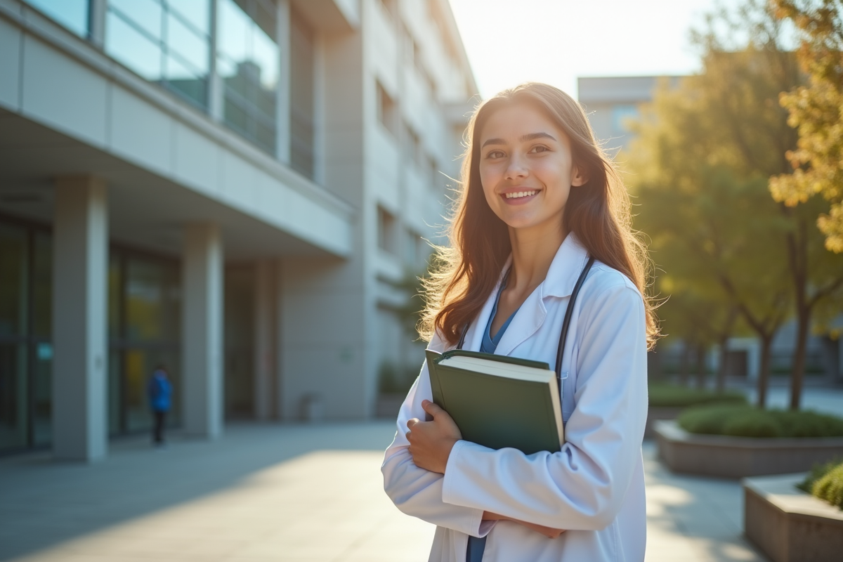 Jeune étudiant en médecine devant un hôpital moderne