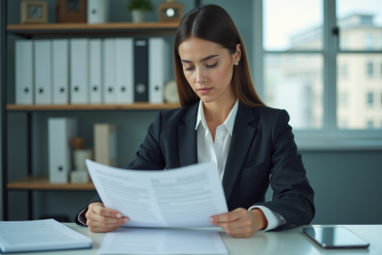 Jeune femme au bureau en tenue professionnelle regardant des documents