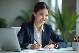 Jeune femme en bureau moderne prenant des notes
