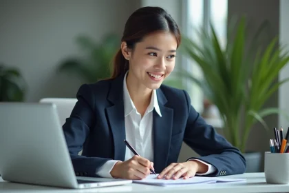 Jeune femme en bureau moderne prenant des notes