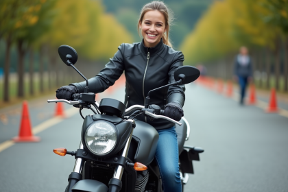 Jeune femme souriante en moto lors d'une formation en extérieur