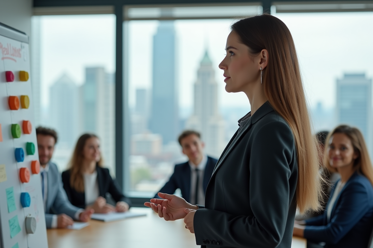 Jeune femme confiante donnant une présentation en réunion