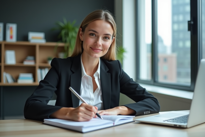 Jeune femme professionnelle souriante dans son bureau moderne