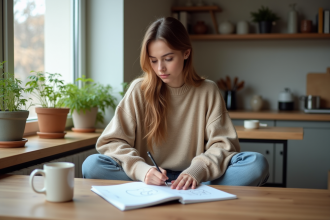 Jeune femme en cuisine esquissant dans un carnet