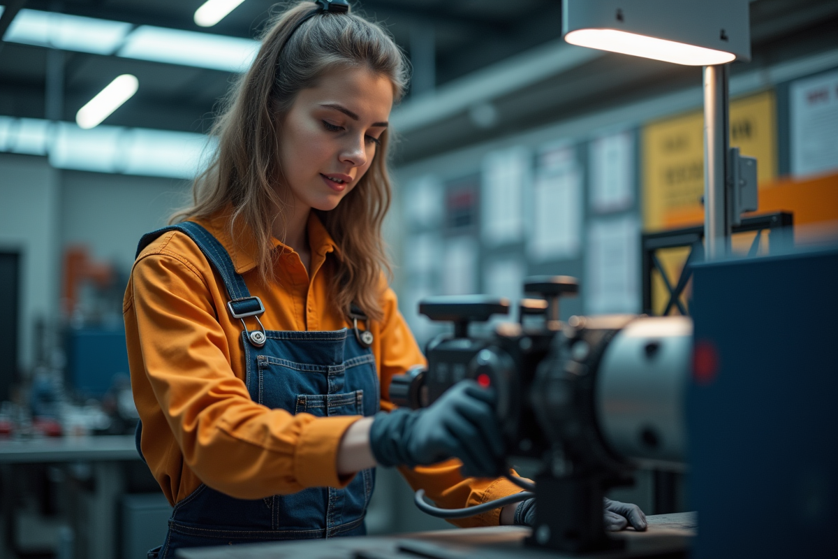 Jeune femme en overalls utilisant du matériel technique