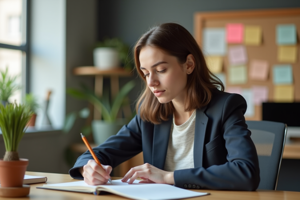 Jeune femme en blazer prenant des notes dans un bureau lumineux