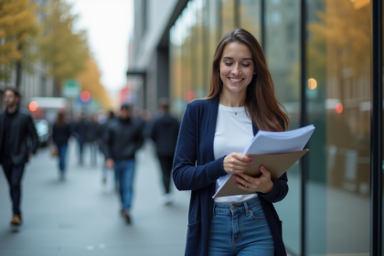 Jeune femme confiante avec dossier dans la ville