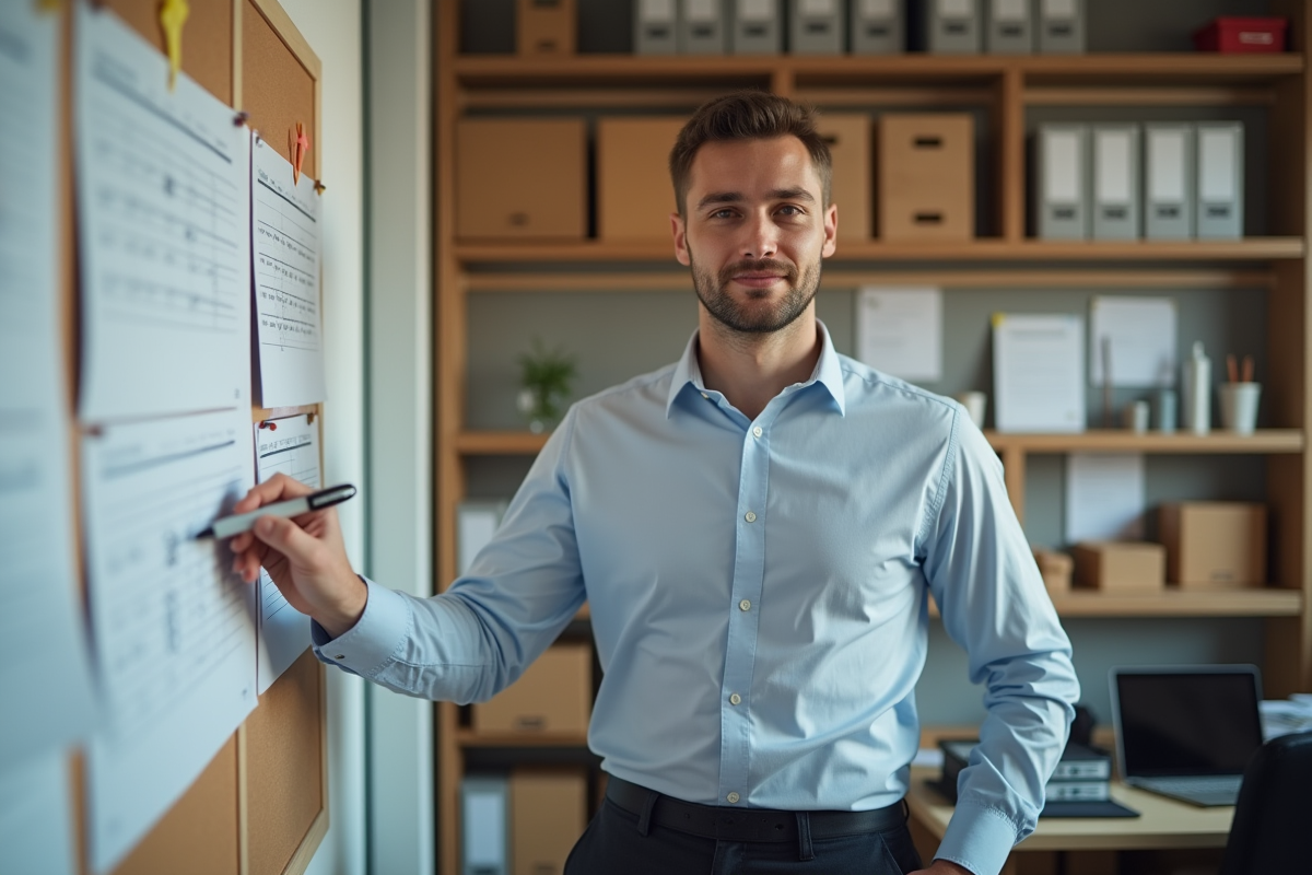 Jeune homme souriant cochant des jours sur un calendrier dans un bureau