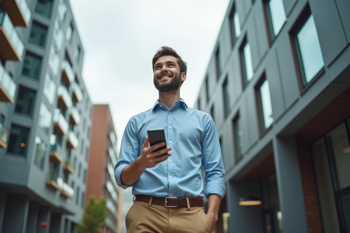 Jeune homme souriant devant un coworking urbain