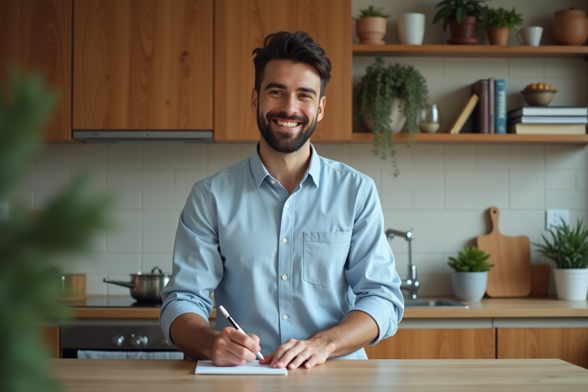 Jeune homme écrivant des notes dans une cuisine chaleureuse