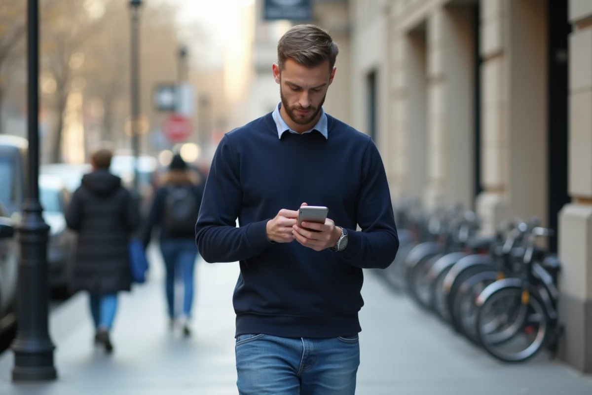 Jeune homme marchant dans la ville en tapant sur son téléphone