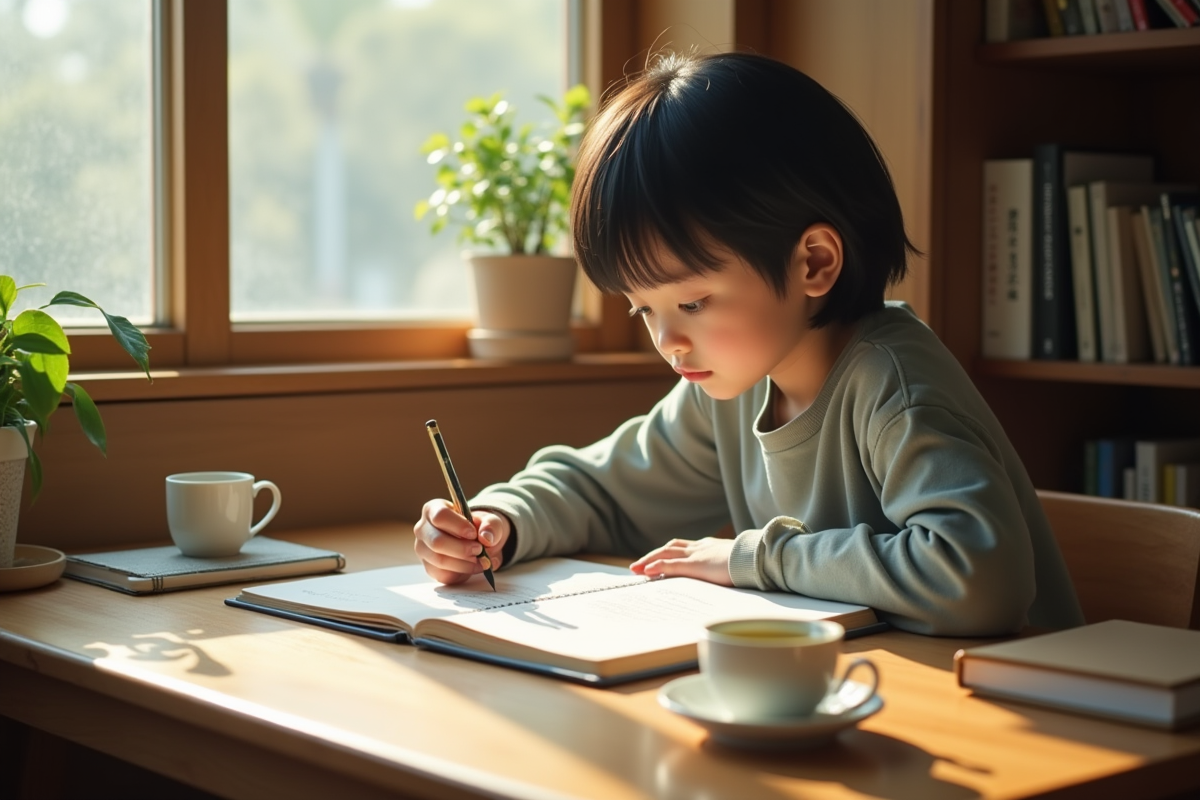 Jeune personne pratiquant l'écriture japonaise à son bureau