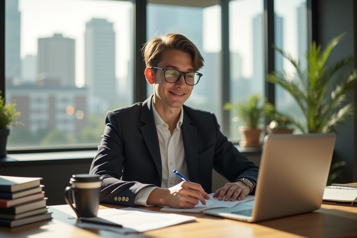 Jeune professionnel confiant étudiant à un bureau moderne