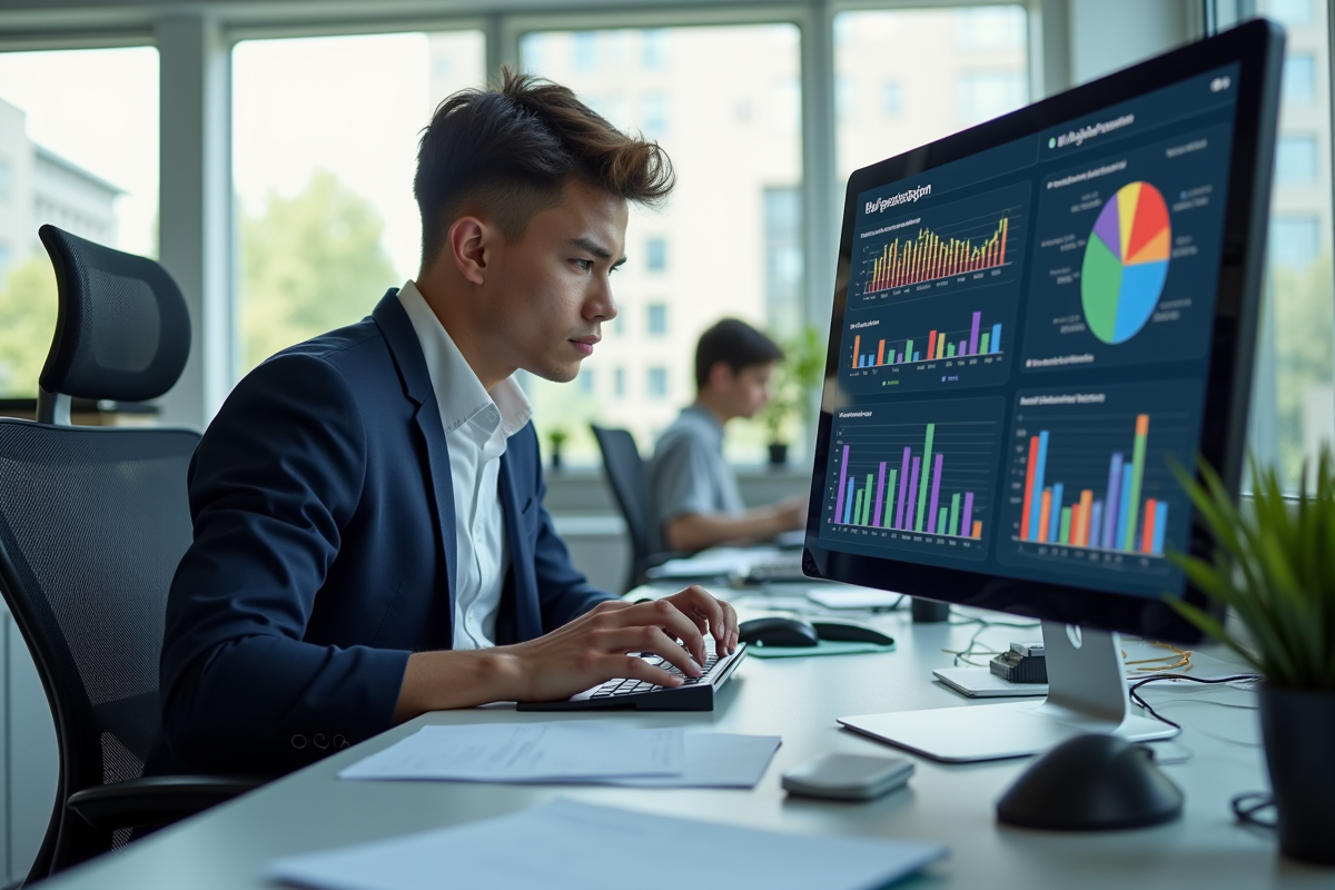 Jeune professionnel analysant des graphiques de données colorés