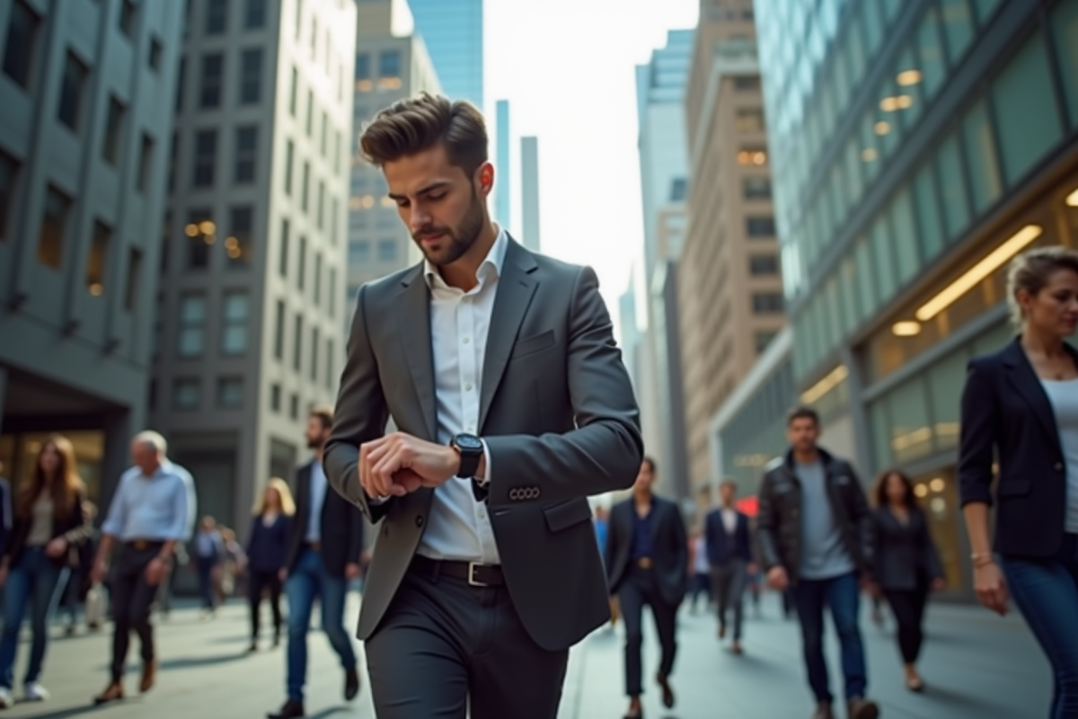 Jeune professionnel marchant dans la ville avec smartwatch en main
