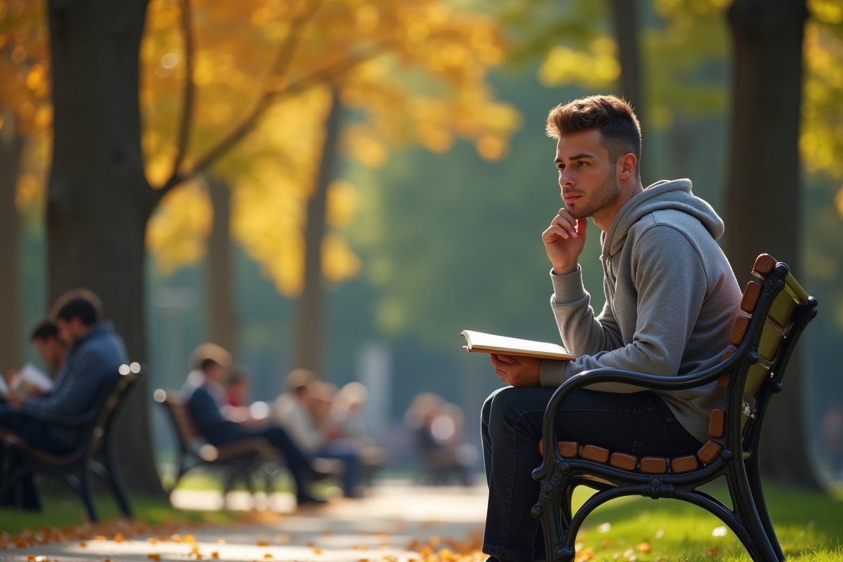 Jeune adulte seul sur un banc dans un parc en journée