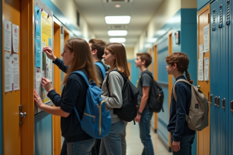 Groupe de collégiens affichant un poster de club scolaire