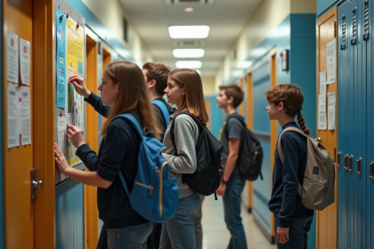 Groupe de collégiens affichant un poster de club scolaire
