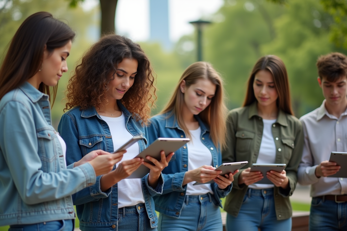 Groupe de jeunes adultes réalisant une enquête en extérieur dans un parc urbain