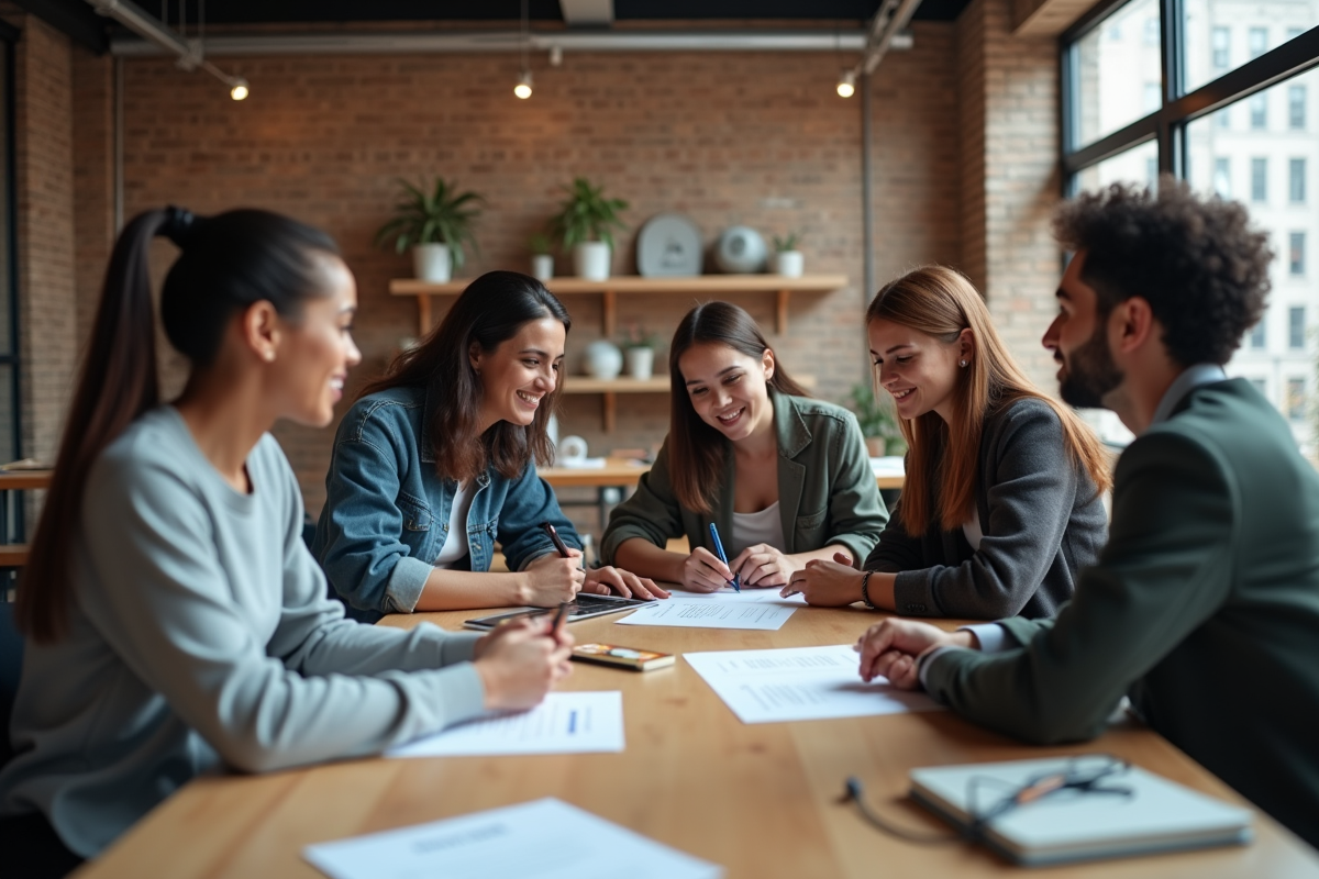 Groupe de jeunes professionnels examinant des certificats dans un espace de coworking