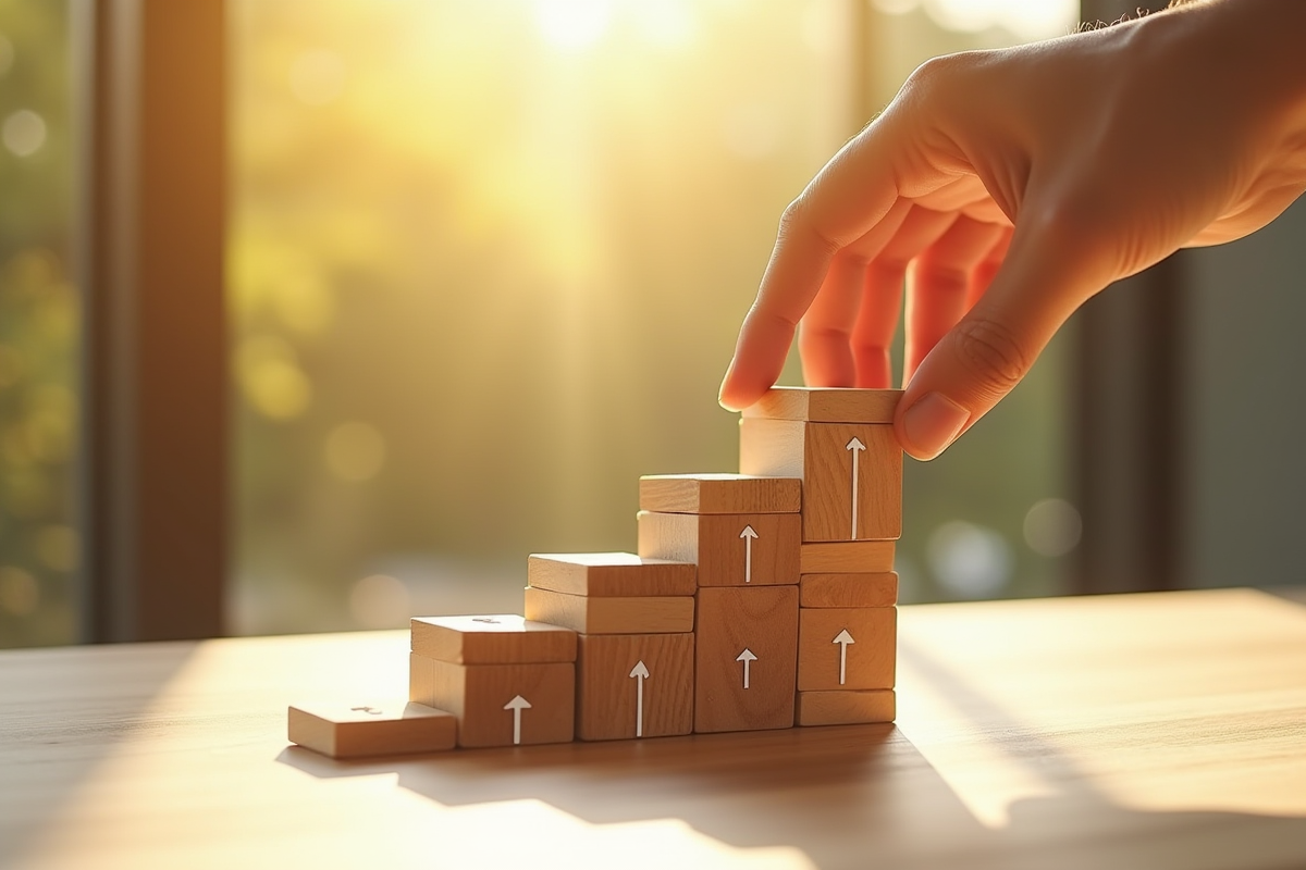 Main empilant des blocs en bois avec flèches vers le haut sur une table ensoleillée